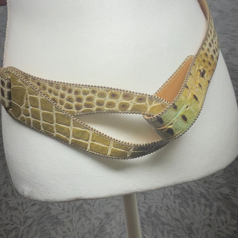 Kemestry Alligator Embossed Leather Belt Womens Large Olive‎ Tan USA